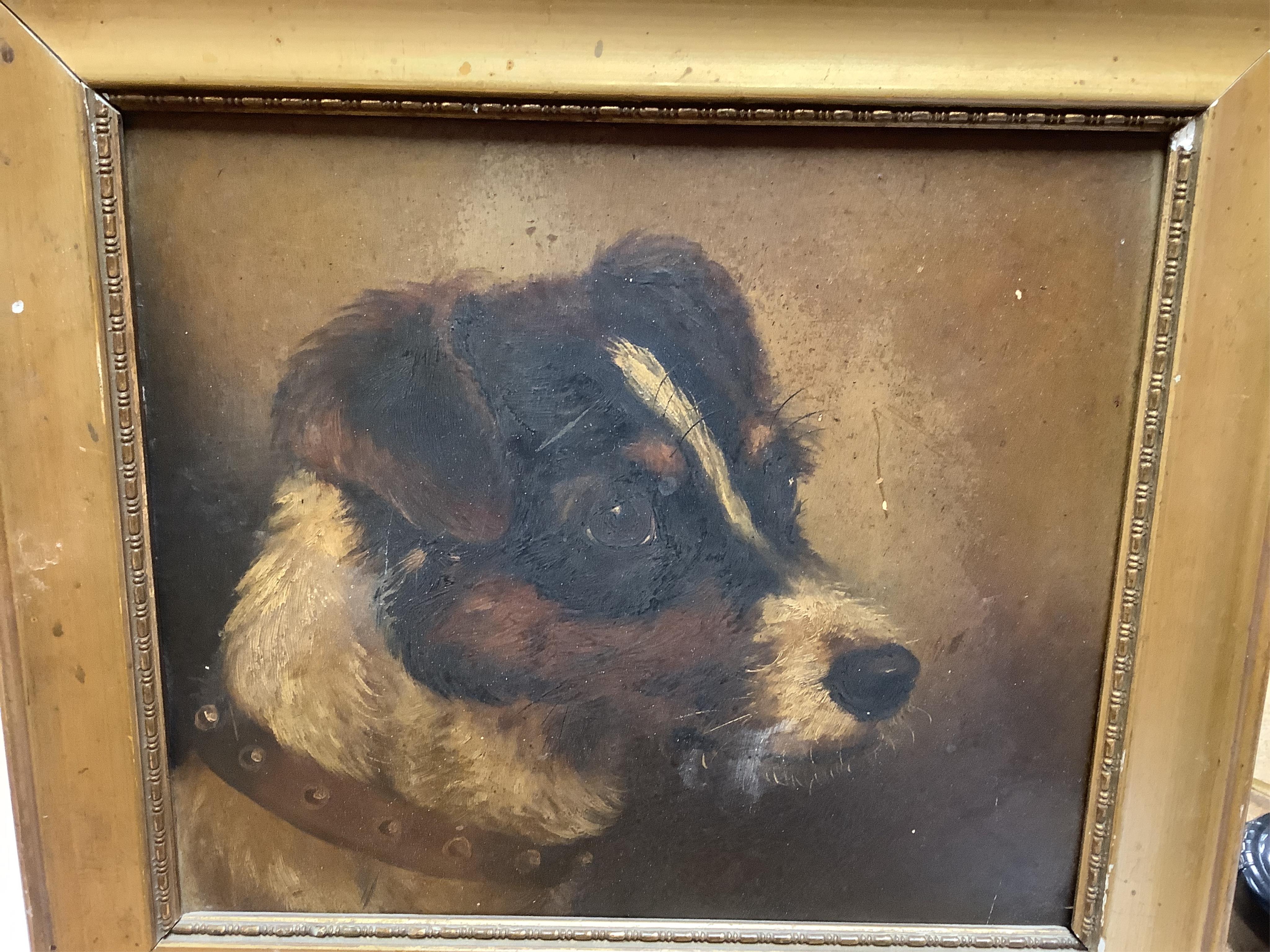 Early 20th century English School, Study of a terrier, unsigned, together with a later study of a chick before two dogs, signed Volle, largest 19 x 24cm. Condition - fair